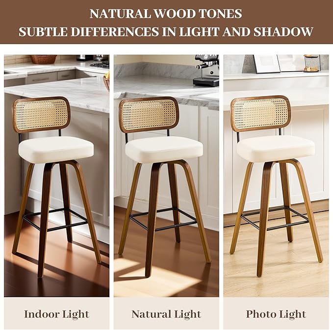 Swivel Bar Stools Set of 4, Upholstered Faux Leather Barstools with Rattan Back, 29" Seat Height Bar Chairs for Kitchen Island, Bentwood Wood Frame, Cream White