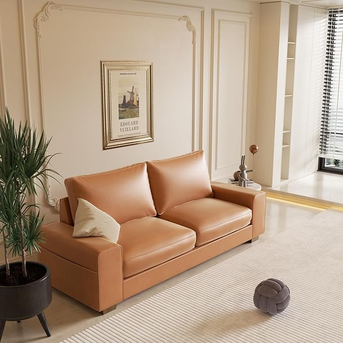 Faux Leather Couch, Mid Century Modern Comfy Loveseat Sofa with Wide Arm, Side Pockets, Solid Wooden Frame for Office, Living Room and Bedroom, 3 Seater (Brown, 88.58 inches)