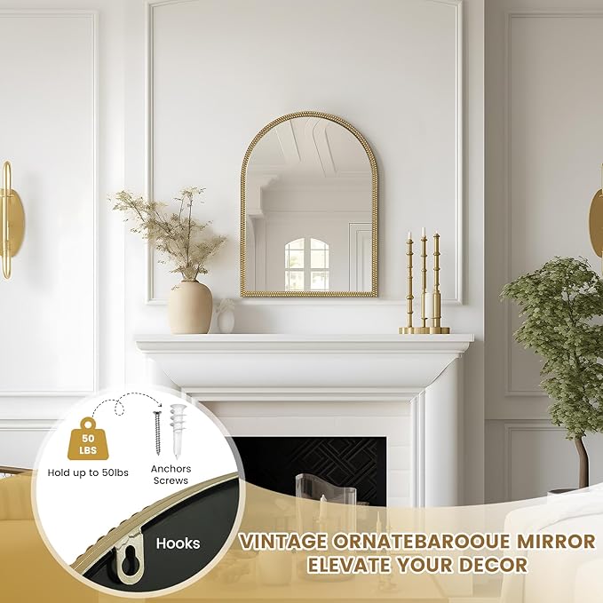 WallBeyond Gold Vintage Mirror for Vanity 22x30 Inch, Gold Antique Mirror with Ornate Beaded Frame for Bathroom, Living Room, Fireplace, Entryway