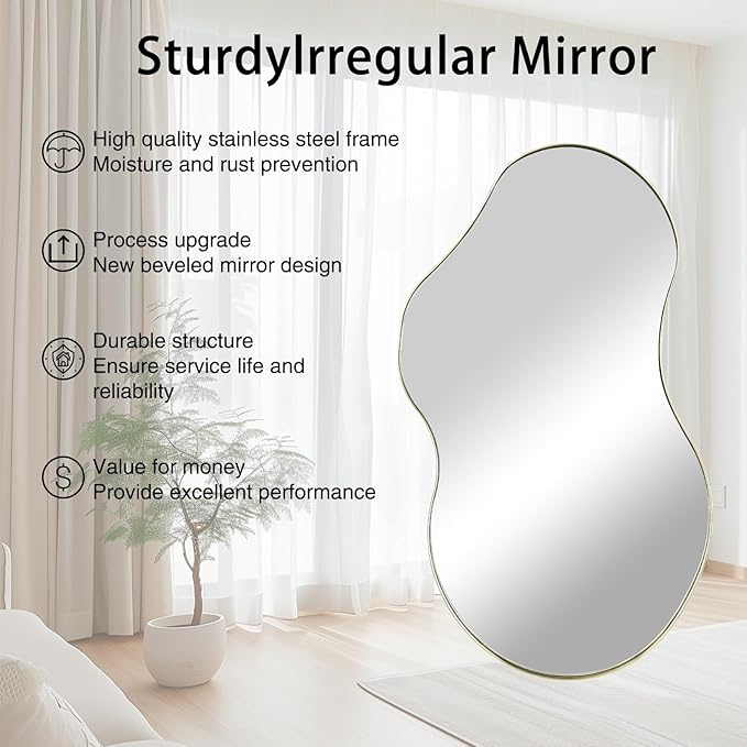 Irregular Wall Mirror, 46"x26" Asymmetrical Mirrors with Gold Metal Frame, Waved Shaped Decorative Mirrors for Living Room Bathroom Bedroom Hallway Entryway Fireplace