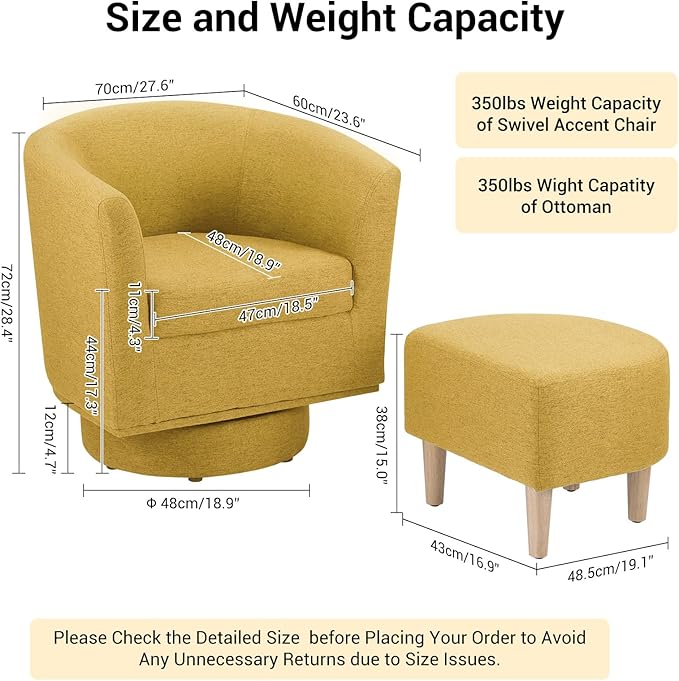 DAZONE Swivel Accent Chair with Ottoman, Modern 360° Barrel Chairs for Living Room, Bedroom, Comfortable Upholstered Club Tub Reading Chair, Yellow