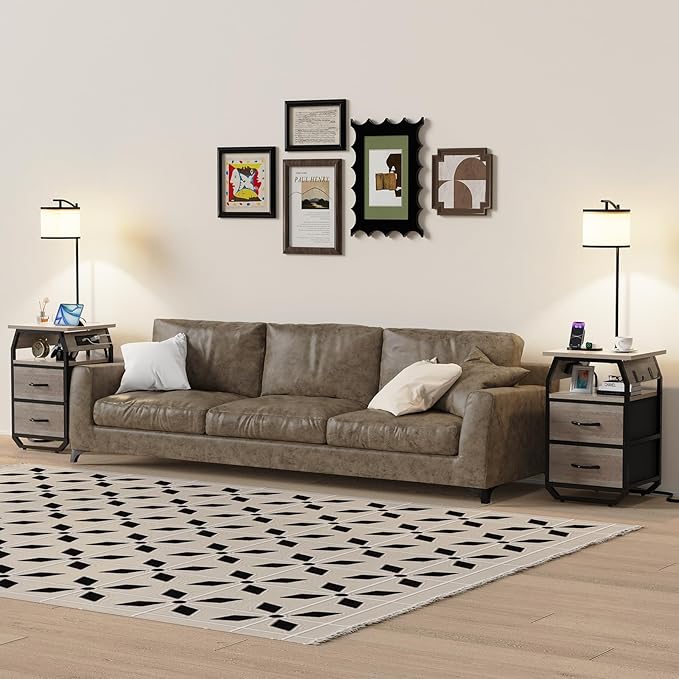 Floor Lamp with Table, End Tables with Lamps Attached 3-Color Temperature Bulb, Side Table with Lamp with 2 Drawers & Charging, Lamps Tables Combo for Bedroom, Dorm, Apartment - Greige