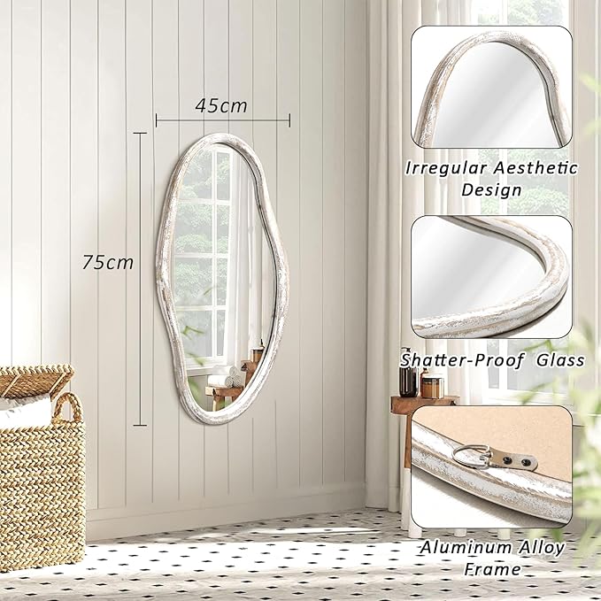 JJUUYOU Irregular Wall Mirror Asymmetrical Wooden Frame Modern Hanging Mirror 30"x18" Large Wall Mounted Makeup Dressing Mirrors for Bathroom Bedroom Living Room Hallway White
