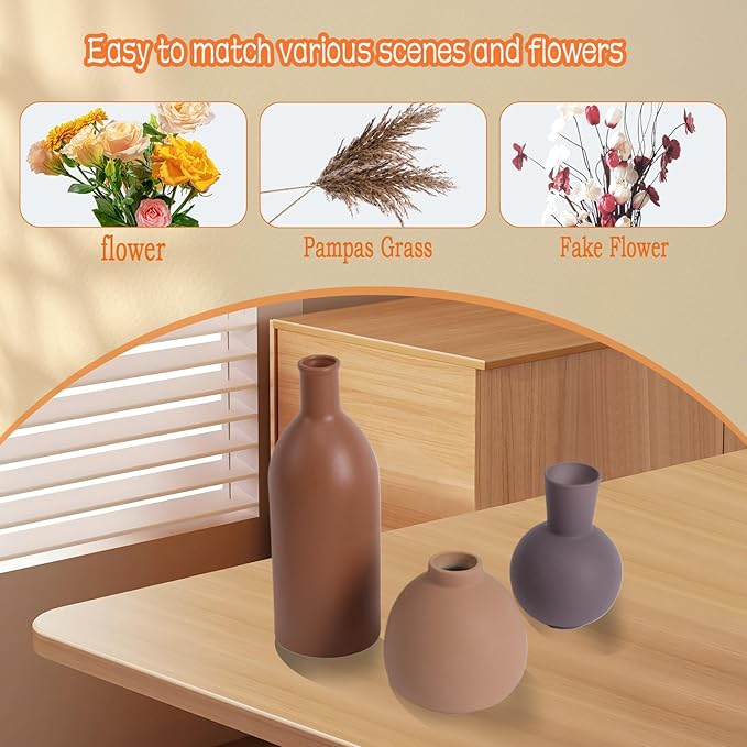 Ceramic Vase Set of 3, Rustic Modern Brown Vases for Bouquet, Fresh or Dried Plants, Home Decor-Modern Decorative Ceramic Flowers Vase for Rustic Home Decor (Brown- Grey)