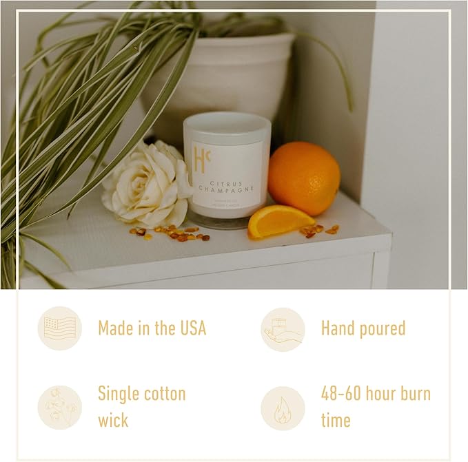 Citrus Champagne Single Wick Soy Candles, Luxury Scented Candles for Home - Up to 60 Hour Burn Time, Cruelty-Free Soy Wax Blend - Citrus Fragrance, Notes of Berries & Jasmine (9 oz)