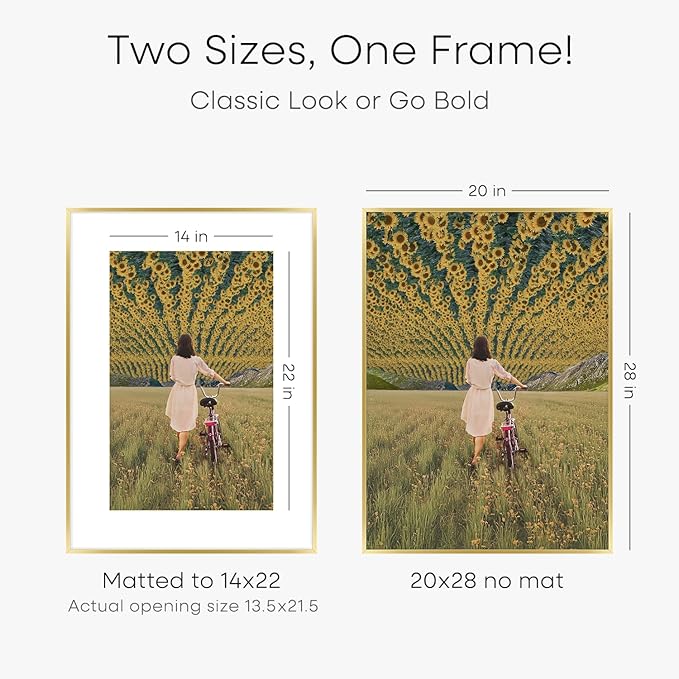 Homeforia 20x28 Picture Frame Gold, High End Metal 20 x 28 Poster Frames with Mat 14 by 22 Photo, 20x28 Gold Frame Matted to 14x22 Print, 28x20 Large Hanging Frames, Tempered Glass, Wall Kit, Set of 3