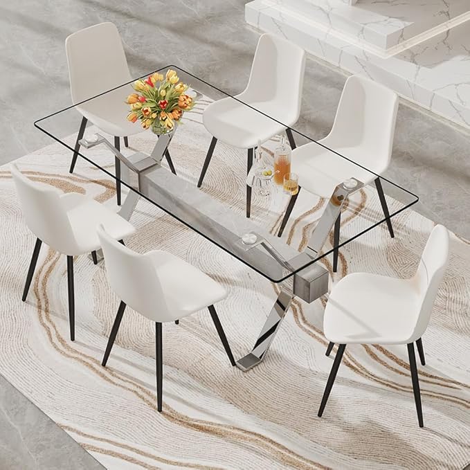 71'' Glass Dining Table Set for 6,7 Piece Dining Table Set with Tempered Glass Tabletop and Open‑Frame X‑Shaped Metal Base,Kitchen Table and Chairs Ideal for Dining Room&Home Office