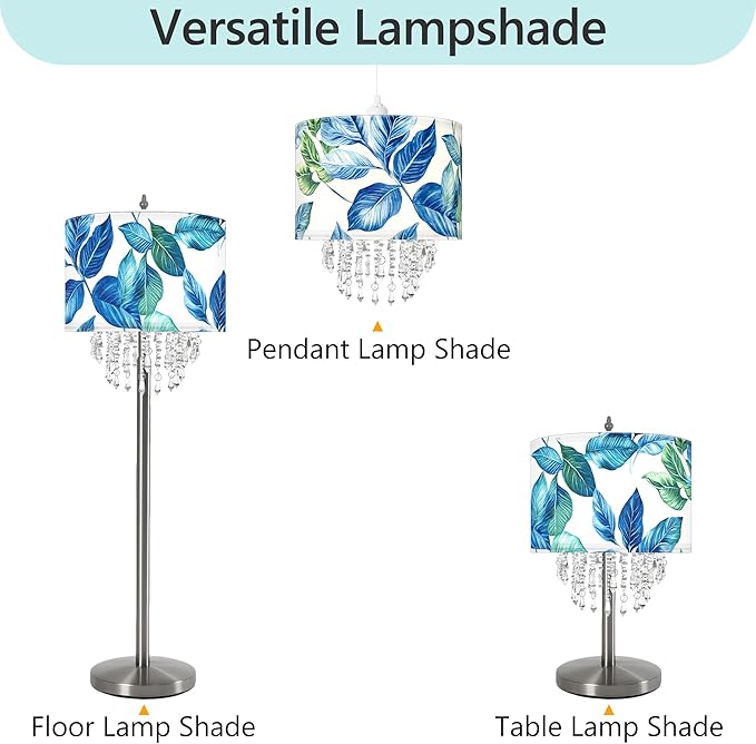 Star Vision Botanical Fabric Lampshade - Tropical Leaf Design with Crystal Bead Droplets, Blue Green Drum Shade for Pendant Table Wall & Floor Lamps, Nature-Inspired Home Decor