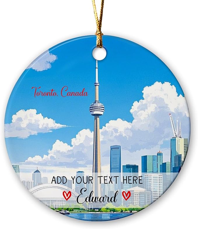 Customized Text/Name CN Tower Toronto Christmas Tree Ornament 2025, Personalized Toronto Ontario Canada Xmas Ceramic Ornament, Toronto City Skyline Travel Souvenir Keepsake Gifts for Family Friends
