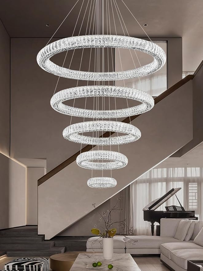 Extra Large LED 5-Ring Crystal Chandeliers for High Ceiling Modern Glam Crystal Ring Chandeliers Living Room Foyer Staircase D8+15.7"+23.6"+31.5"+39.4"