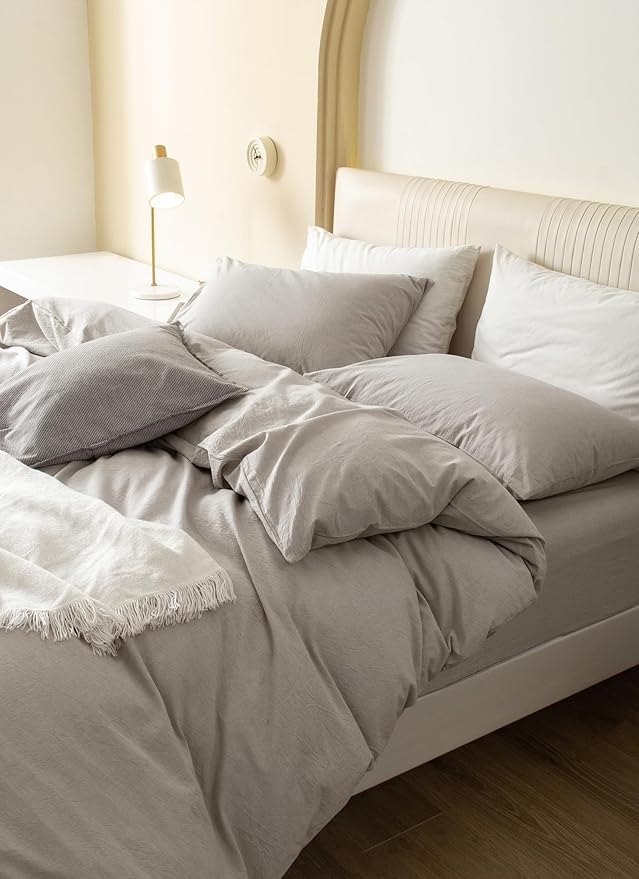 JIYUAN 100% Washed Cotton Duvet Cover Set 3 PCS Oversized King, 1 Duvet Cover 120"x98" (Comforter Not Included) and 2 Pillowcases,Linen Feel Bedding Set Comfy and Breathable, Heathered Cream Grey