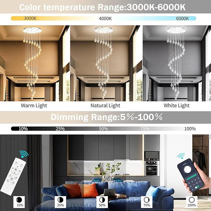 30 Light Modern Glam Crystal Chandelier for High Ceiling LED Dimmable Ceiling Pendant Light Staircase Foyer Enterway Living Room Chandelier Lighting Antique Silver