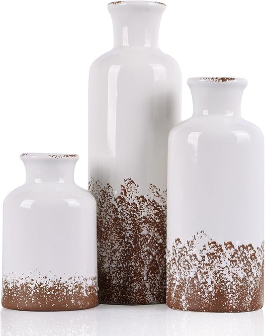 Gray Ceramic Farmhouse Vase Set of 3 – Rustic Small Vases, Vintage Country Style Decorative Vases for Flowers, Home Decor for Living Room, Table, Mantle, Fireplace & Entryway Centerpieces