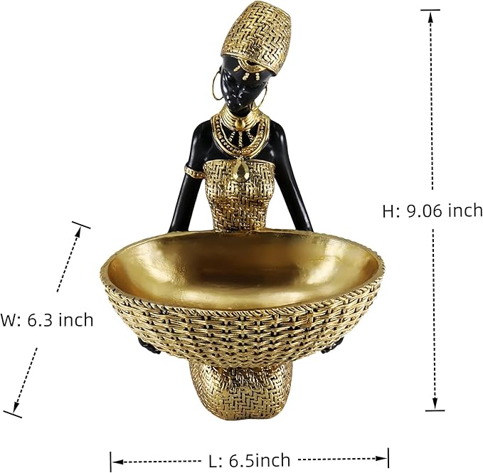 African Tribal Resin Statue - Handcrafted Gold Accent Figure with Bowl, Ethnic Home Decor Art Piece for Shelf & Table Display, Bohemian Gift Idea