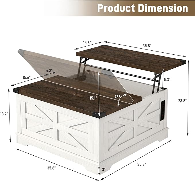 36" Farmhouse Movable Lift Top Coffee Table with Storage and Power Outlets, Square Wood Living Room Tables with Wheels&Large Hidden Space, Lift Wooden Barn Door Center Table, White
