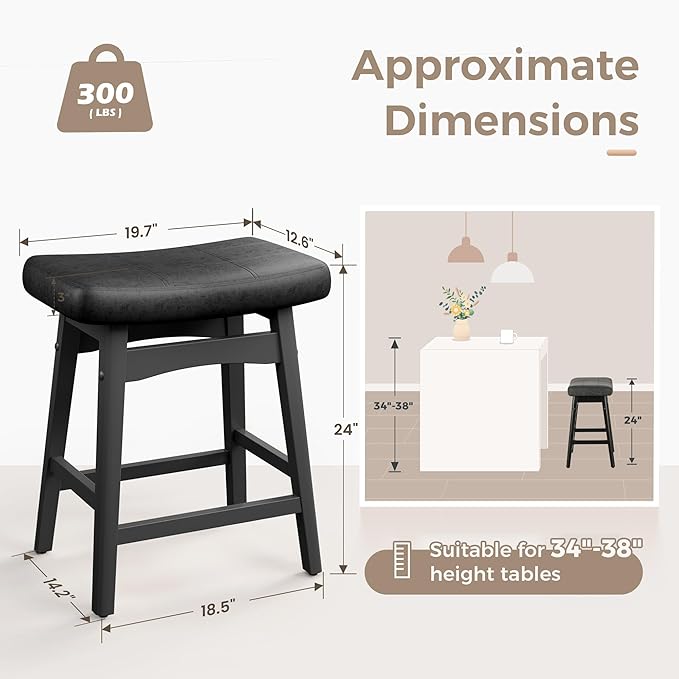 MAISON ARTS Black Counter Height Bar Stools Set of 3 for Kitchen Counter Solid Wood Legs with Faux Leather Saddle Seat Farmhouse Barstools for 34"-38" Counter Island Upholstered Stools, 24in Height