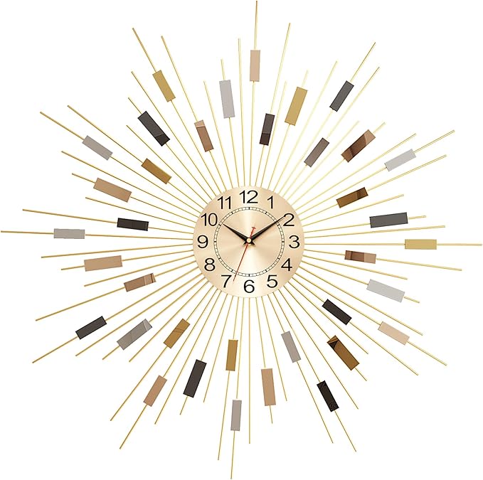 Wall Clock 23.6 Inch Large - Gold Starburst Sunburst Design, Mid Century Modern Metal Battery Operated Silent Decorative Clock for Living Room Bedroom Office