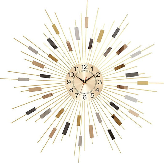 Wall Clock 23.6 Inch Large - Gold Starburst Sunburst Design, Mid Century Modern Metal Battery Operated Silent Decorative Clock for Living Room Bedroom Office