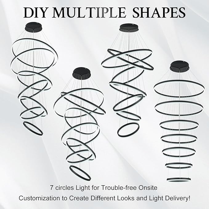 7-Rings D31.5’’ Modern LED Chandelier Black Dimmable High Ceiling Chandeliers Foyer with Remote Control for Staircase Entryway Dining Room Living Room, 3000K-6500K