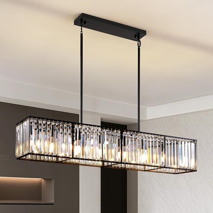 Siljoy Modern Crystal Chandelier for Dining Room, 7 Lights Black Large Rectangular Farmhouse Crystal Chandelier Industrial Linear Pendant Ceiling Light for Living Room Kitchen Island Bar L47''