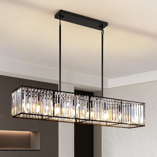 Siljoy Modern Crystal Chandelier for Dining Room, 7 Lights Black Large Rectangular Farmhouse Crystal Chandelier Industrial Linear Pendant Ceiling Light for Living Room Kitchen Island Bar L47''