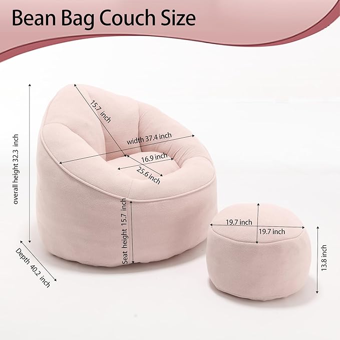 Bean Bag Sofa Chair with Foam Padded Velvet Bean Bag Chair with Soft Foam Padded Ottoman