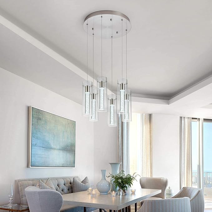 Pendant Lights Kitchen Island Kitchen Lights Modern Crystal Bubble Glass Pendant Ceiling Light Fixture for, Dining Room, and Restaurant - 48W Integrated LED Hanging Light Dimmable.(6-Light)