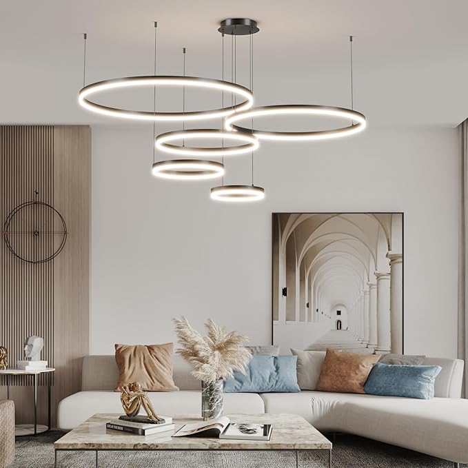 LED Pendant Light for Kitchen Island, 5-Ring Black Modern Chandelier, Dimmable 3000K-6500K, Adjustable Height, Remote Control, Hanging Ceiling Lighting Fixture for Dining Room, Living Room Lamp