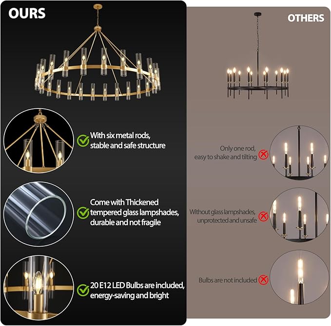 Gold Wagon Wheel Chandelier, 70 Inch Glass Chandeliers, 24 Light Chandelier for High Ceiling, Modern Farmhouse Chandeliers for Living Room, Dining Room, Entryway, Stairwell(Bulbs Included)