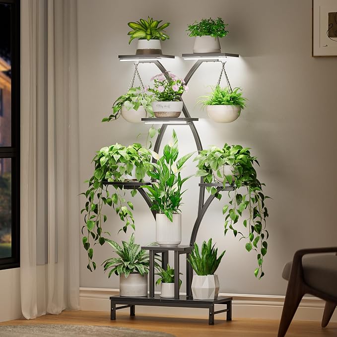Plant Stand Indoor with Grow Lights - 7 Tiered Metal Corner Shelf for Multiple Plants, 63" Corner Plant Stand for Indoor Plants, X-Shaped Plant Rack for Home, Living Room, Office & Patio Decor