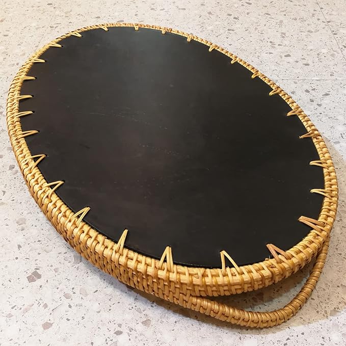 I-LAN 15 Inch Oval Rattan Woven Tray Basket with Beige MOP Wooden Base and Handles, Boho Wicker Coffee Table Serving Tray Décor with 2 Inch Wall, Handmade Display Basket for Countertop, L