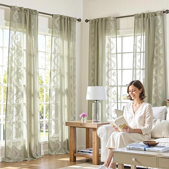 jinchan Belrose Sage Green Floral Sheer Curtains for Living Room 84 Inch Long Voile Embroidered Farmhouse Curtains for Bedroom Ivory Flower Patterned Rod Pocket Window Treatments, 2 Panels Green