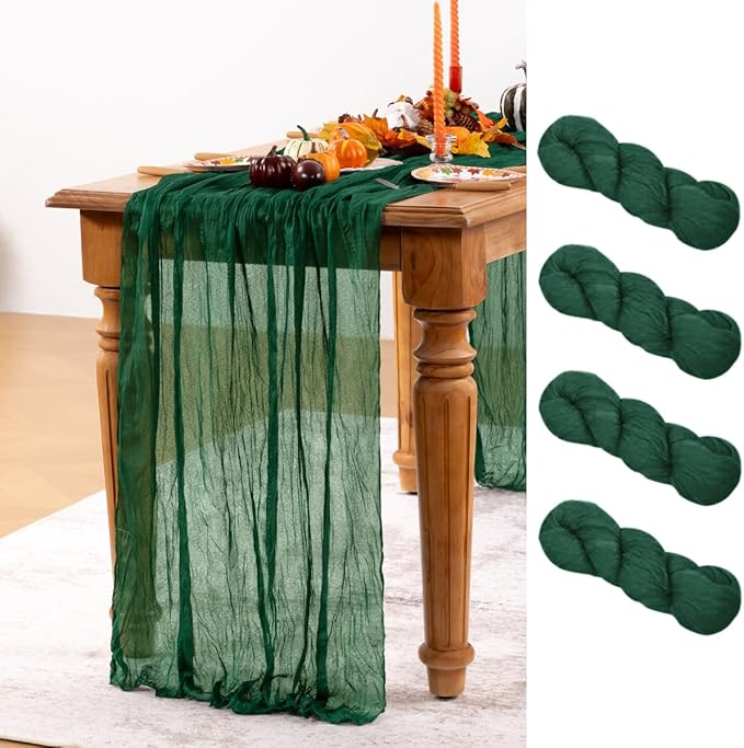 Emerald Green Cheesecloth Table Runner 4 Pack Fall Table Runners Boho Gauze 120 Inches Green Cheese Cloth Fall Table Decorations for Thanksgiving Wedding Bridal Baby Shower Tea Party