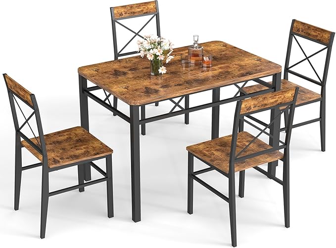 Dining Table Set for 4, 5-Piece Dining Table Set, Kitchen Table Chairs Set of 4, Rectangular Kitchen Table Set with 4 Curved Backrest Chairs, for Small Spaces & Apartment-Brown