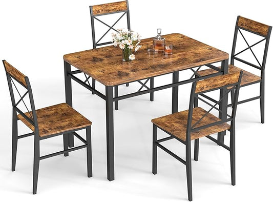 Dining Table Set for 4, 5-Piece Dining Table Set, Kitchen Table Chairs Set of 4, Rectangular Kitchen Table Set with 4 Curved Backrest Chairs, for Small Spaces & Apartment-Brown
