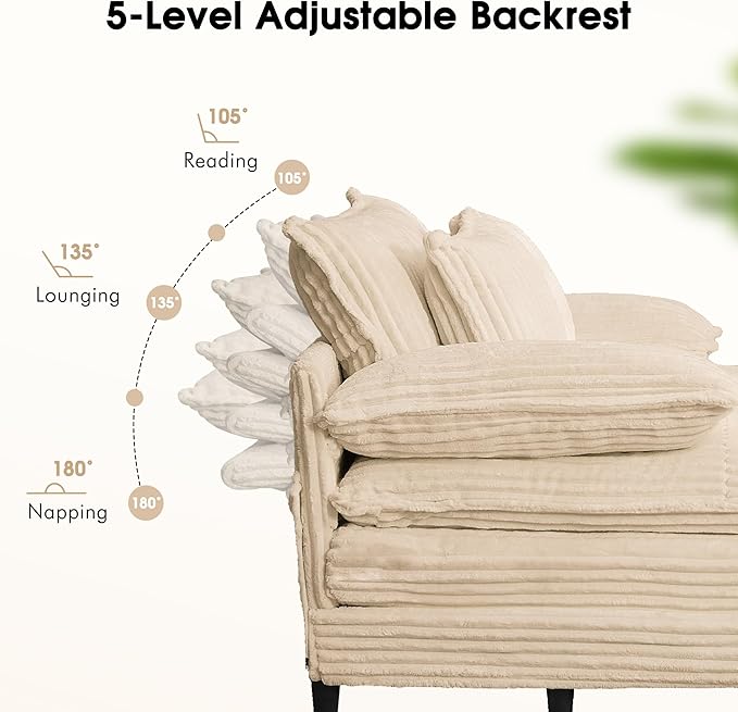55" W Oversized Chaise Lounge Sofa Couch with 5-Position Adjustable Backrest, Corduroy Sleeper Sofa Bed, Reading Chair ‌with Deep Seat, Cloud Couches for Living Room, Khaki