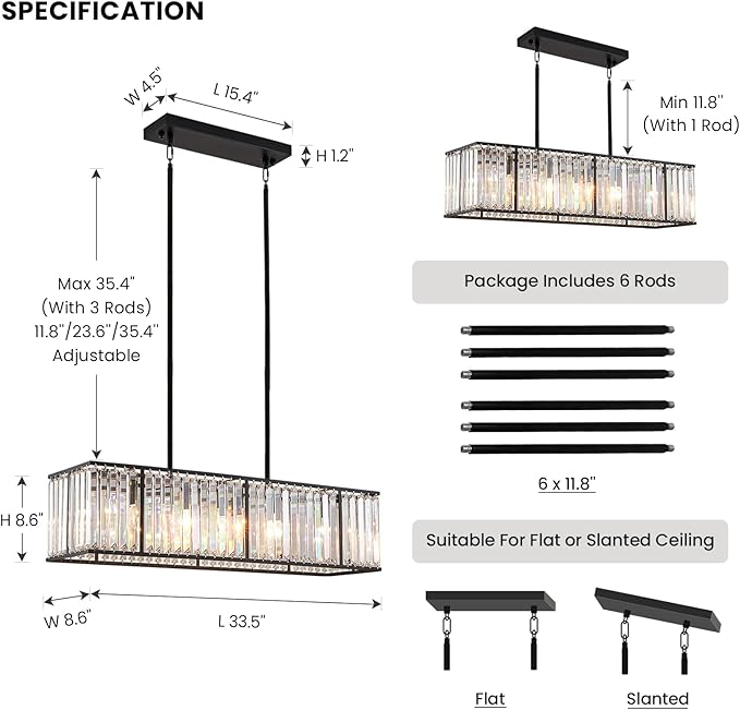 Siljoy Modern Rectangular Crystal Chandelier, 5 Lights Black Rectangle Raindrop Chandelier Lighting, Industrial Linear Pendant Ceiling Light Fixture for Dining Living Room Kitchen Island L33.5''