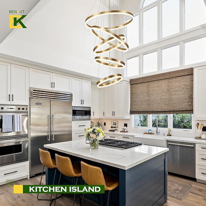 5-Rings Modern LED Chandelier Gold High Ceiling Chandelier with Remote Control Dimmable Pendant Lighting for Dining Room Foyer Living Room Entryway Staircase(3000K-6500K, D23.6’’)