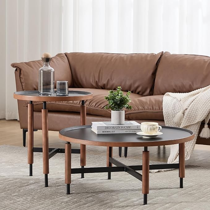 DUOMAY Modern Round Wood Side Table, 19.5'' Wide End Table with T-Shaped Metal Base, Round Tubular Iron Legs Covered with Rubber Wood for Living Room, Lounge, Office, Apartment, Black