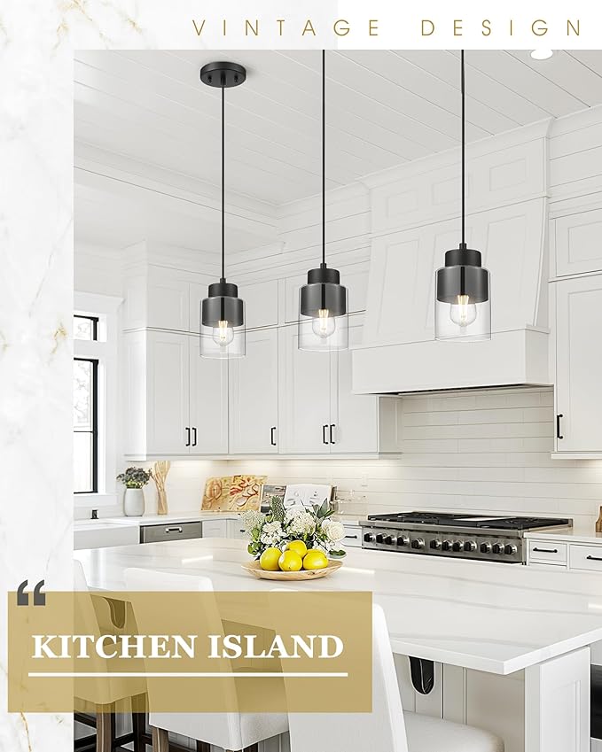 2-Pack Pendant Lights Kitchen Island, Dual Shade Hanging Lights Fixtures with Metal and Clear Glass, Modern Matte Black Kitchen Pendant Lighting Over Island for Dining Room, AD-24022-1P2-BK