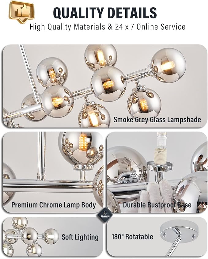 Glass Globe Sputnik Chandelier, 16-Light Mid Century Modern Light Fixture Over Table, Linear Chandeliers for Dining Room, Kitchen Island, Chrome and Smoke Grey Bubble, 40 Inch, GC-02