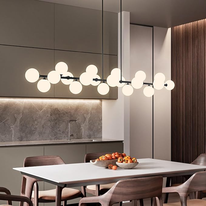 Modern Linear Chandelier for Dining Room Sputnik Chandelier with 22 Lights White Glass Globe Shades Hanging Pendant Channdelier Light for Kitchen Living Room Farmhouse, Lenght 70 Inch