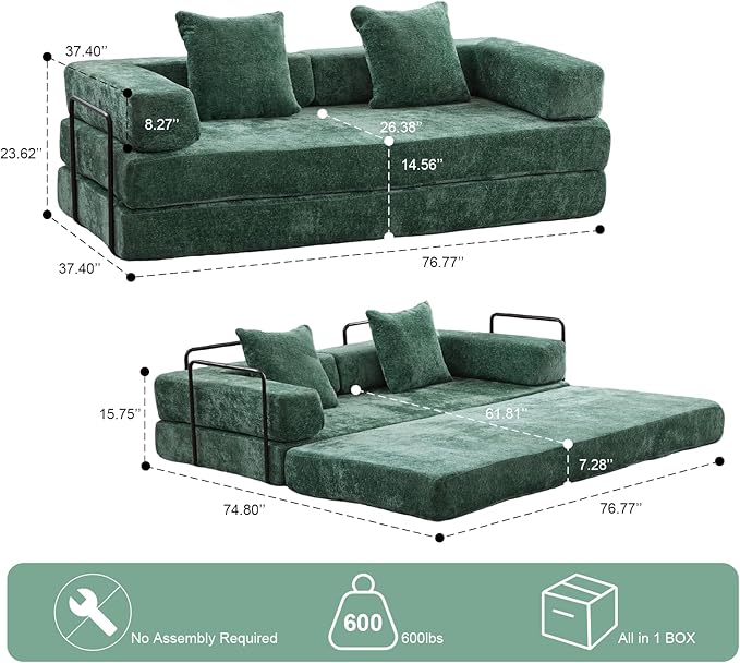 Convertible Folding Mattress Couch, Floor Sofa Bed with Fixed-Shape Frame, Flannel Floor Sofa with Armrest, Floor Sofa Lounge Couch for Living Room Bedroom Lounge Studio-Dark Green