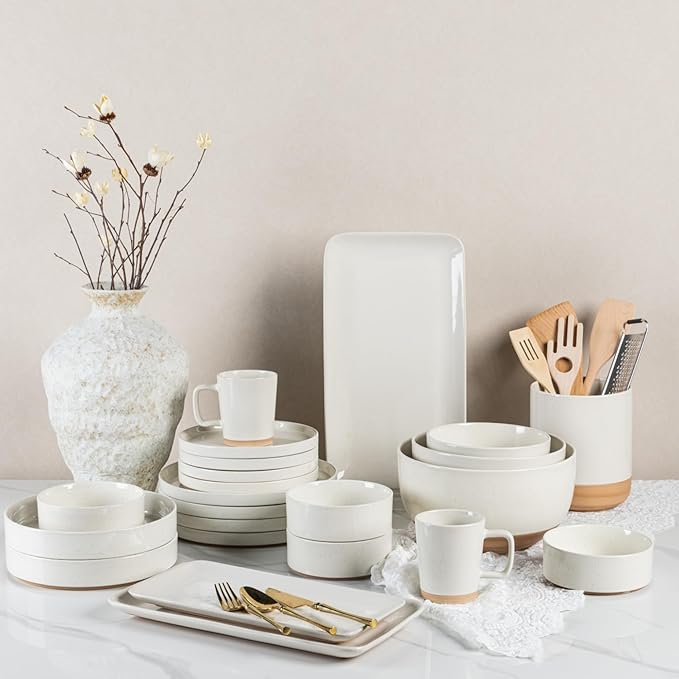 AmorArc Ceramic Dinnerware Set for 4 | Speckled Stoneware Plates and Bowls with unglazed terracotta | Scratch Resistant, Dishwasher & Microwave Safe Dishes Sets- 12-Pcs Beige