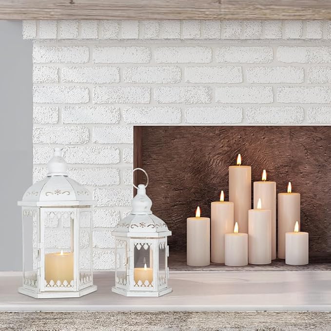 Lanterns Decorative Outdoor&Indoor, Set of 2 (15"&11") White Metal Lantern Decor with Glass, Candle Holder for Porch, Patio, Garden, Balcony, Wedding, Table Centerpiece