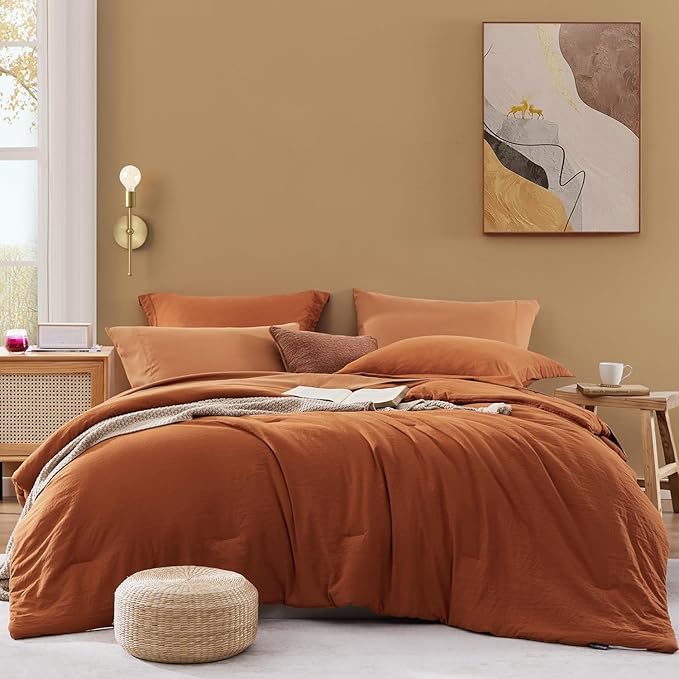 WRENSONGE Twin Comforter Set- 5 Pieces Burnt Orange Bed in a Bag, All Season Twin XL Bedding Sets with 1 Fitted Sheet, 1 Flat Sheet, 1 Pillow Sham and 1 Pillowcase