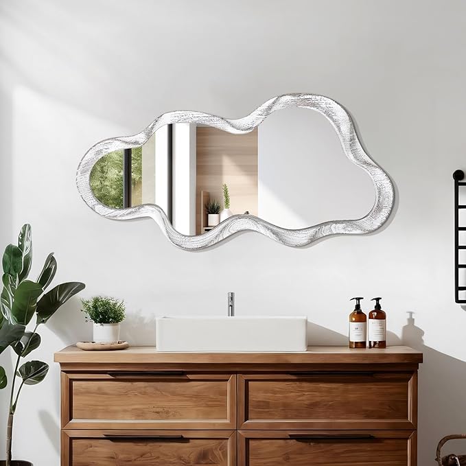 Asymmetrical Mirror Large Irregular Wall Mirror Modern Wood Frame Unique Artistic Mirrors Cute and Stylish Cloud Wavy Mirror Decorative for Cloakroom Bedroom Living Room Bathroom Entryway White