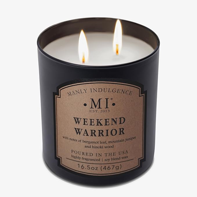 Manly Indulgence Weekend Warrior Scented Candles for Men, 2 Wick, 16.5 oz Premium Soy Blend Wax, 60H Burn, Candles for Home Scented - Made in The USA