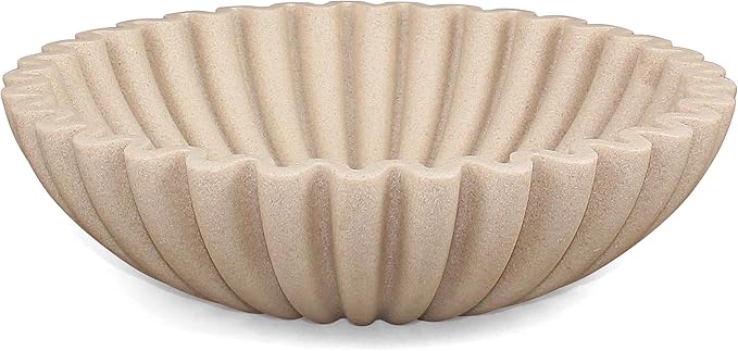 Ruffle Decorative Bowl, Large Fruit Bowl for Kitchen Counter, Stylish Key Bowl for Entry Table, Handcrafted Home Decor Display bowl, Artificial Stone Beige