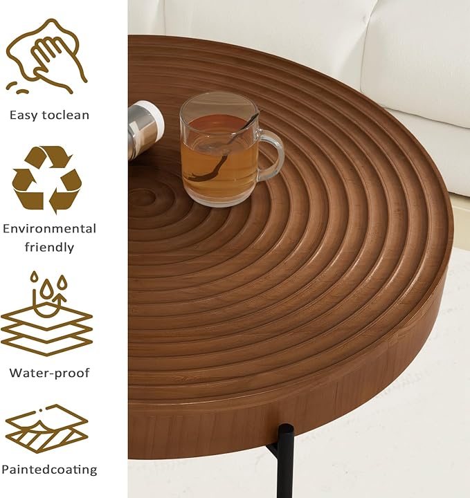 2 Piece Modern Farmhouse Living Room Coffee Table Set, Nesting Table Round Natural Finish with Handcrafted Wood Ring Motif, Walnut Colour